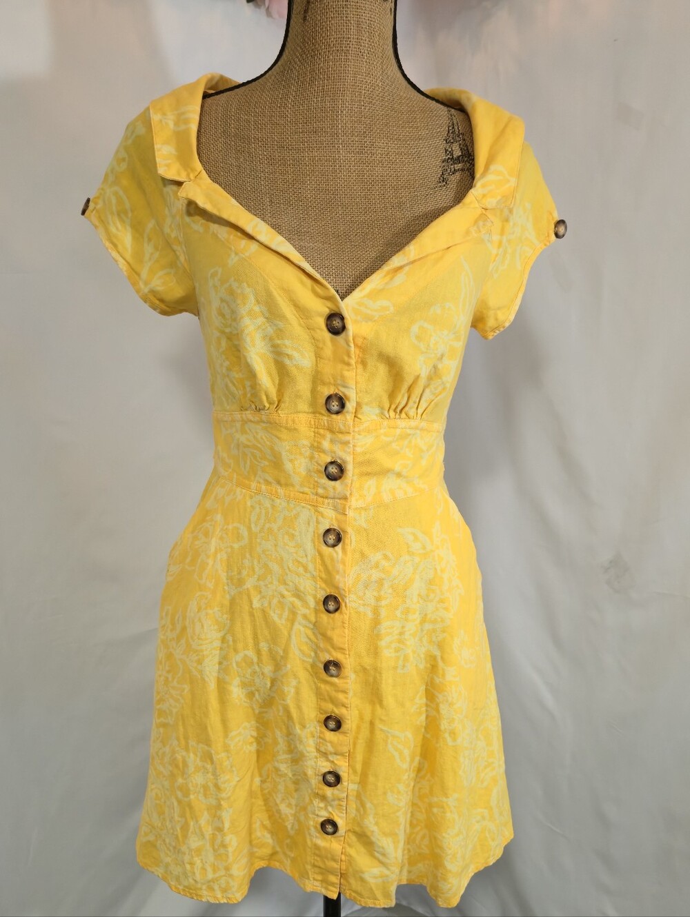 Free People Yellow Floral Button-Front Mini Dress